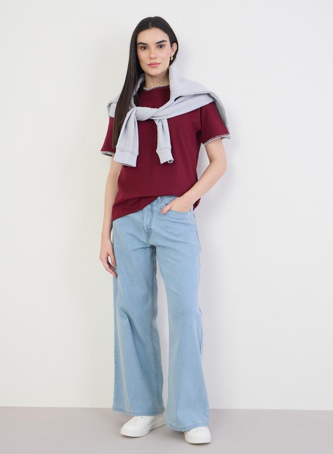 Styli Burgundy Cotton T-Shirt with Overlock Stitch - Image 2
